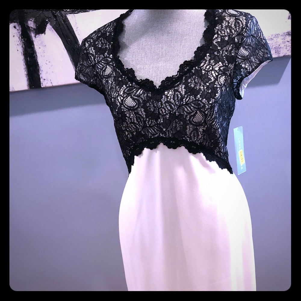 Black and white lace evening dress